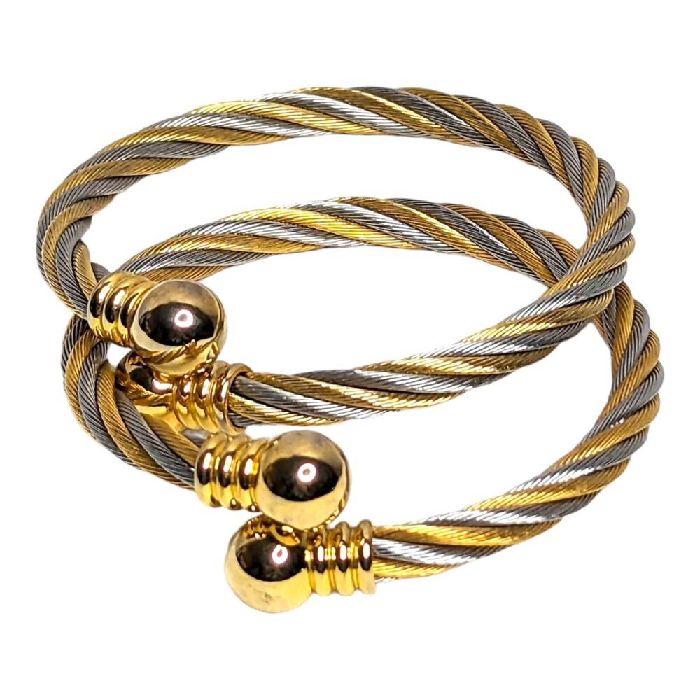 Set of‎ 2 Two Tone Twisted Gold Silver Bracelets Celtic Stainless Steel Cuffs - Picture 6 of 6